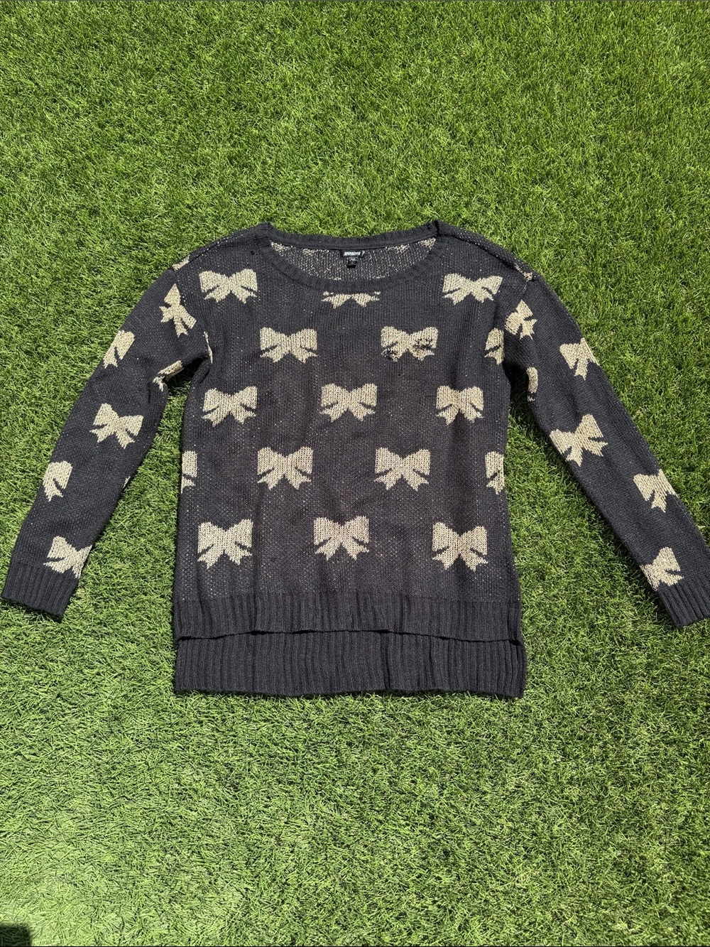 Black Crewneck Sweater with Gold Bow Motif